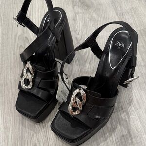 Zara Black Heeled Sandals with Silver Accents